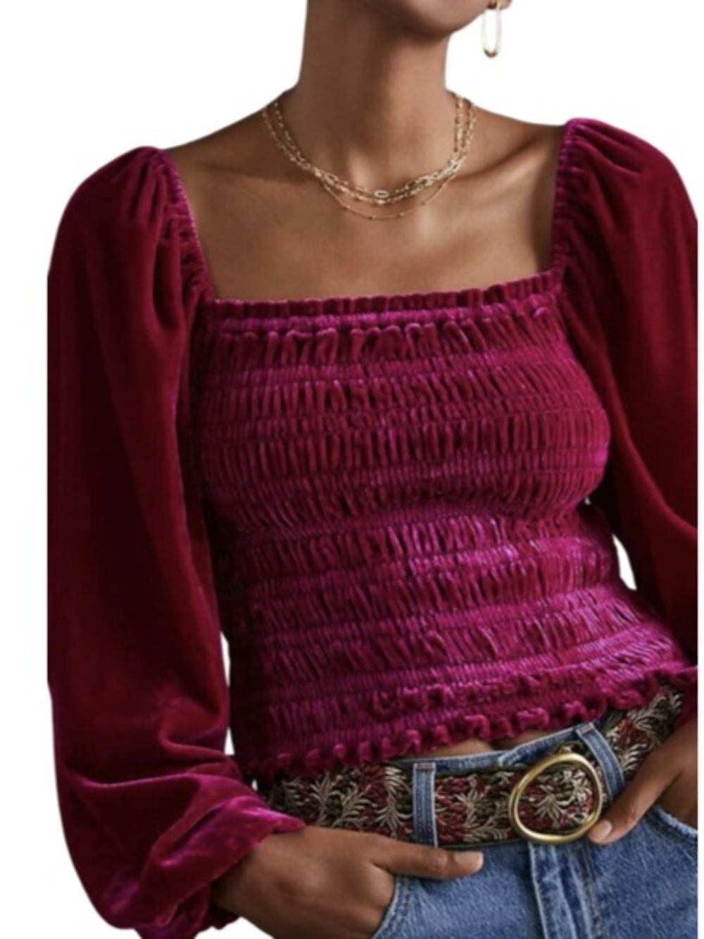 🍓 Anthropologie‎ Velvet Smocked Puff-Sleeve Crop Top - Berry